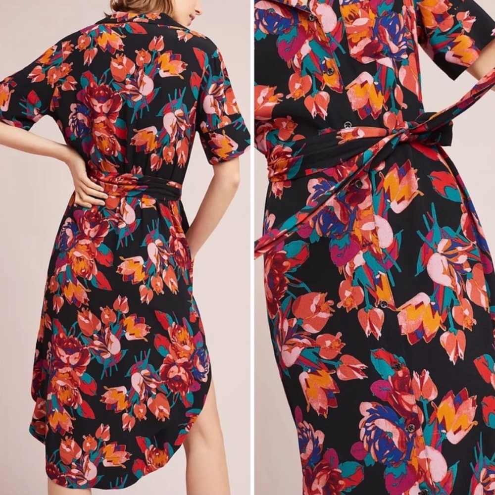 Maeve Anthropologie floral belted button down shirt dress